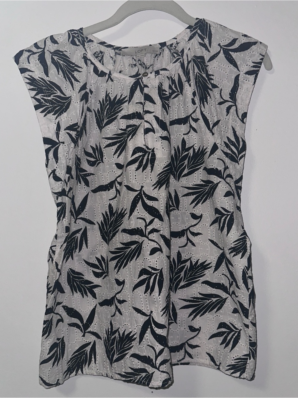 LOFT White Eyelet Cap-Sleeve Top with Navy Leaf Print